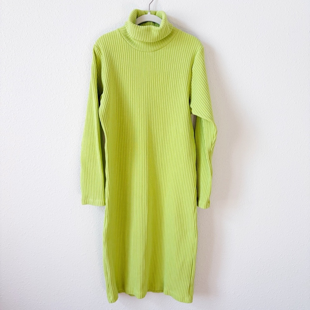 Ilana Kohn 100% Cotton Green Ribbed Turtleneck Midi Dress Size 3 / Large